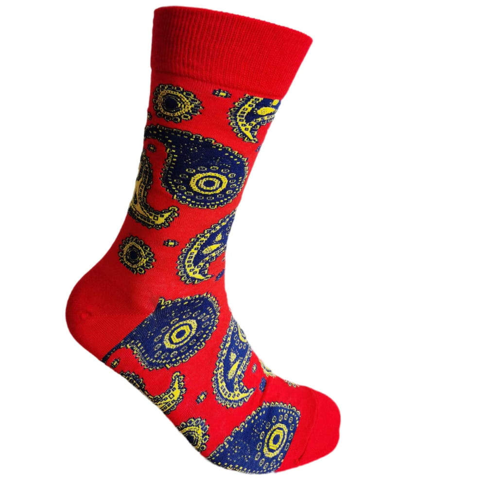 Red sock with blue and yellow paisley pattern on a white background