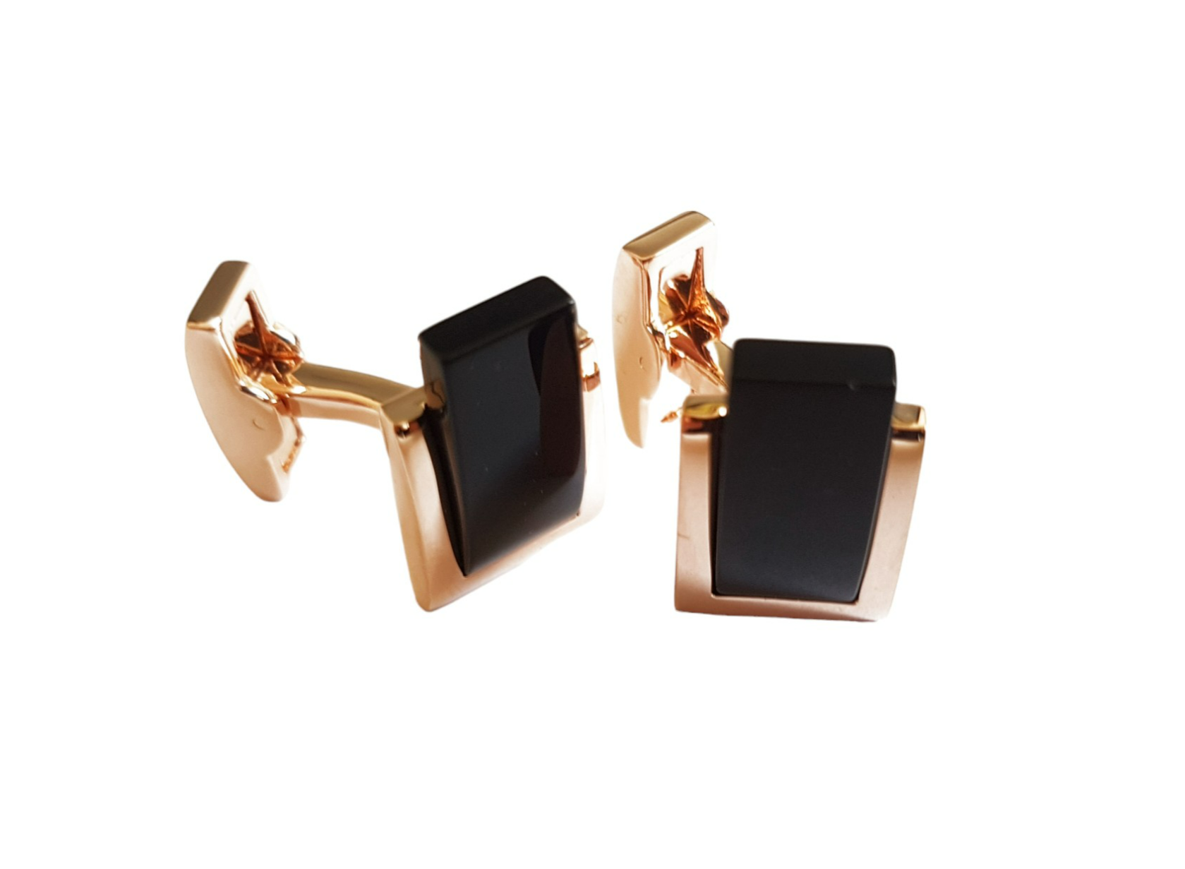 rose gold cufflinks with black gemstone, retro art deco cufflinks in rose gold plate
