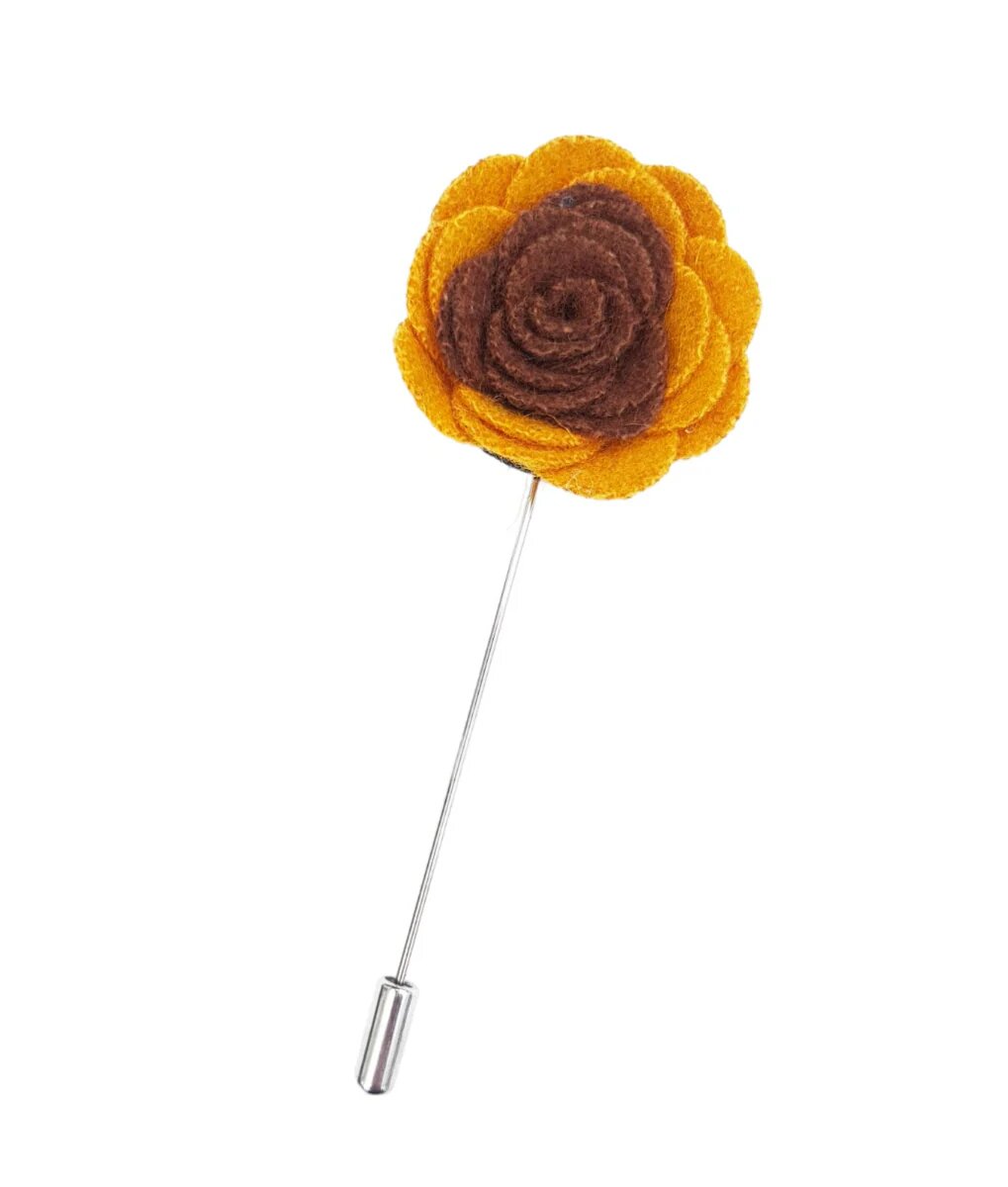 mustard yellow button hole, brown and yellow lapel pin flower, rose lapel pin, men's brooch flower