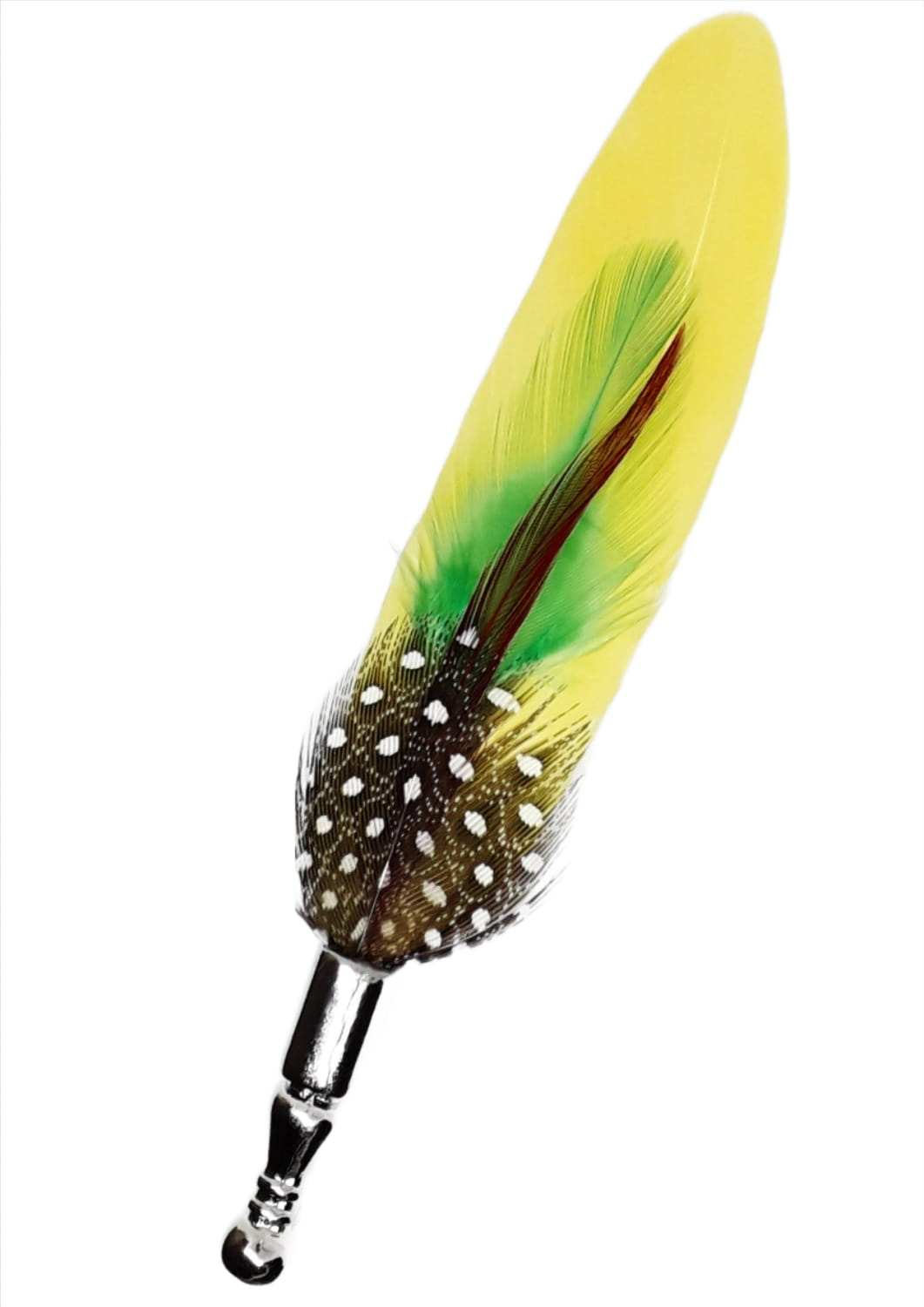 Decorative feather with yellow, green, and black colors on a white background