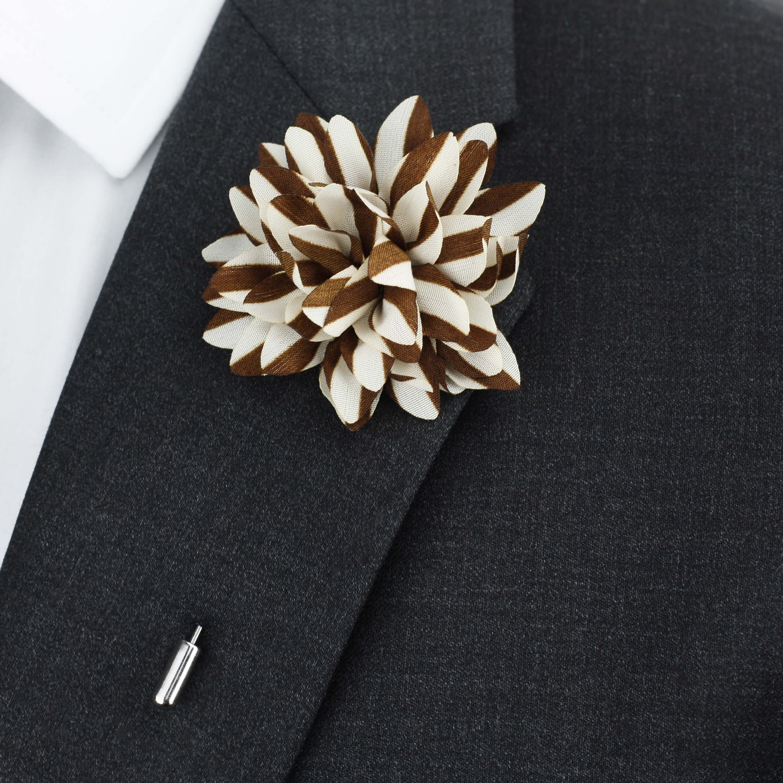 Silk Flower Lapel Pin Brown and White Stripes