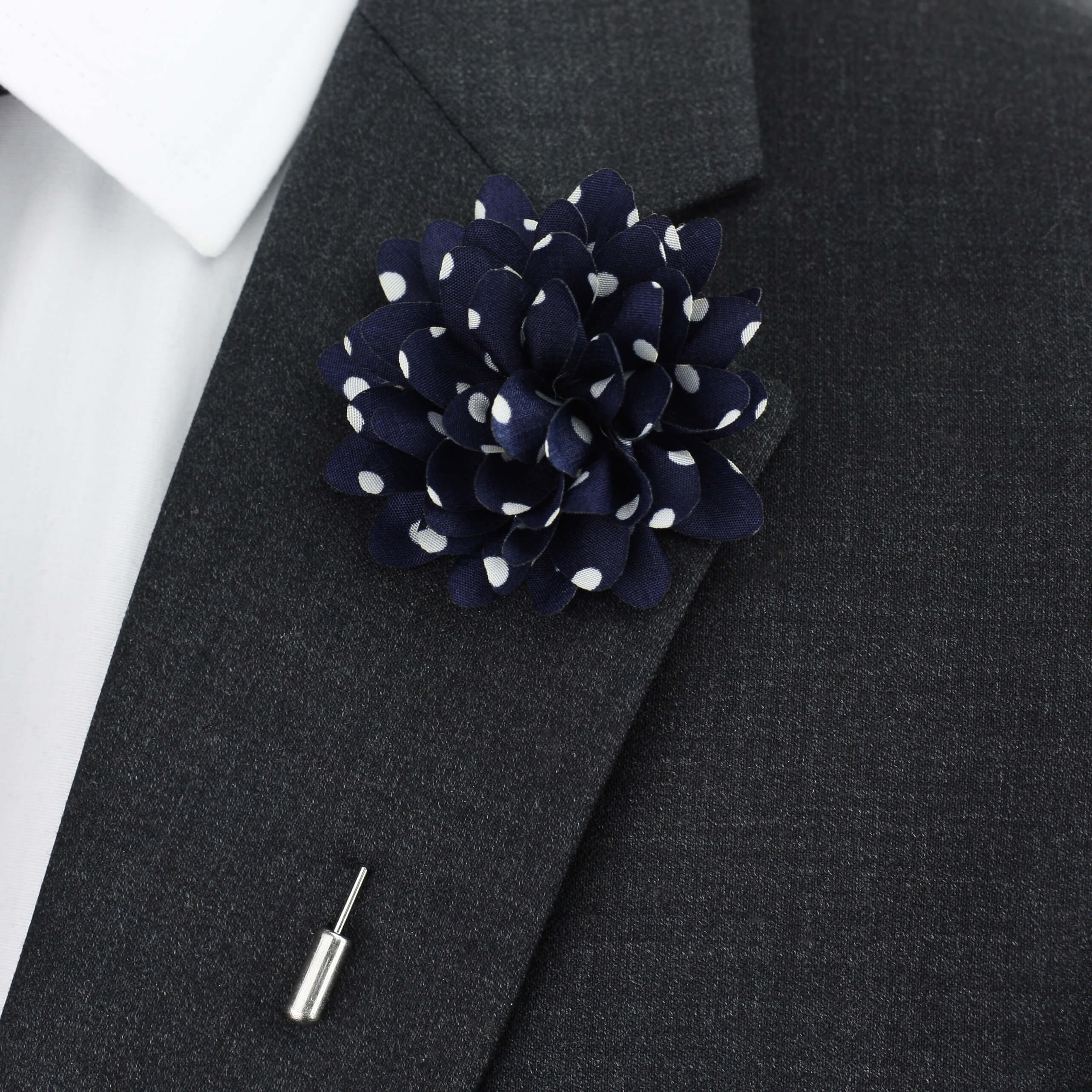 navy and white polka dot lapel pin flower