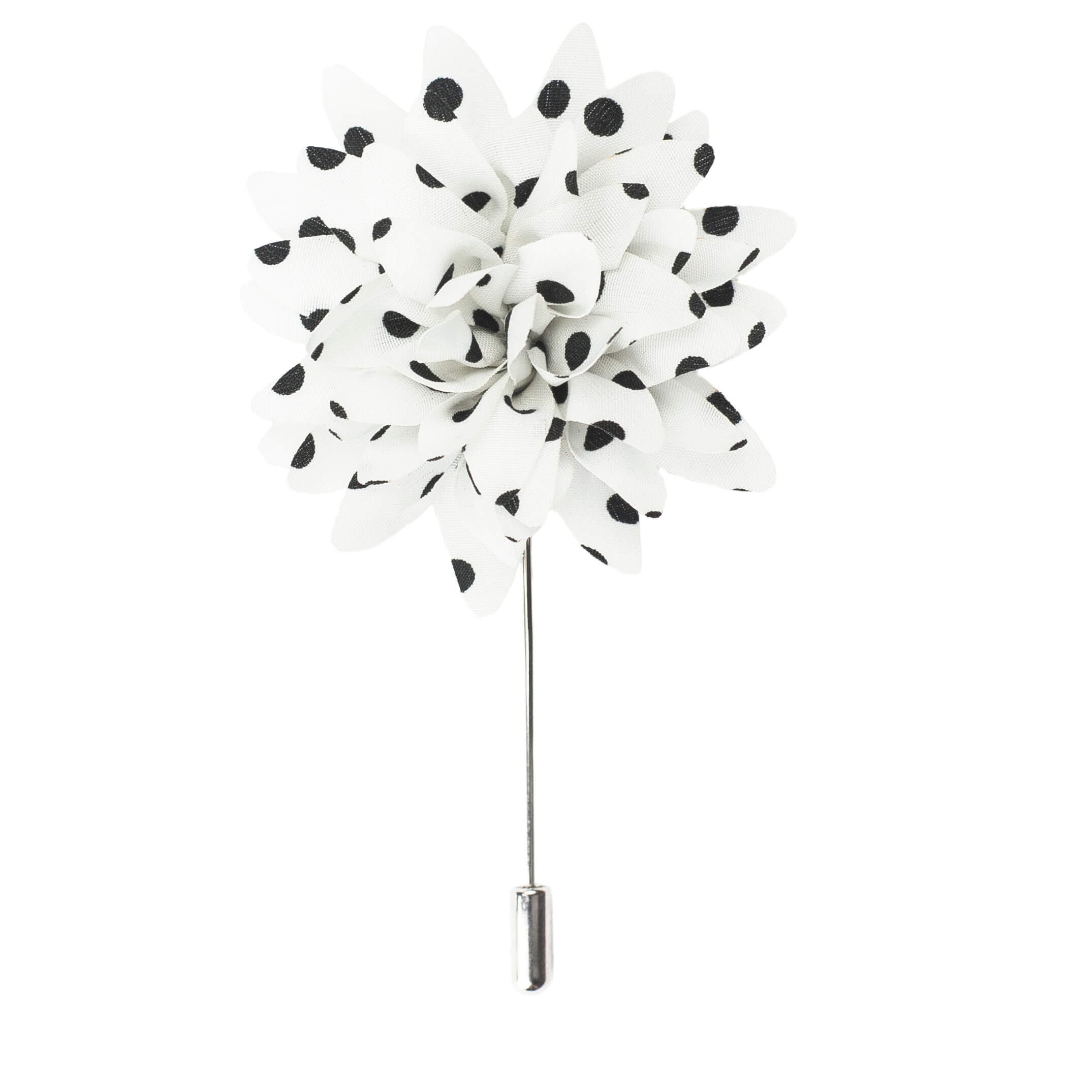 white and black polka dot lapel pin flower