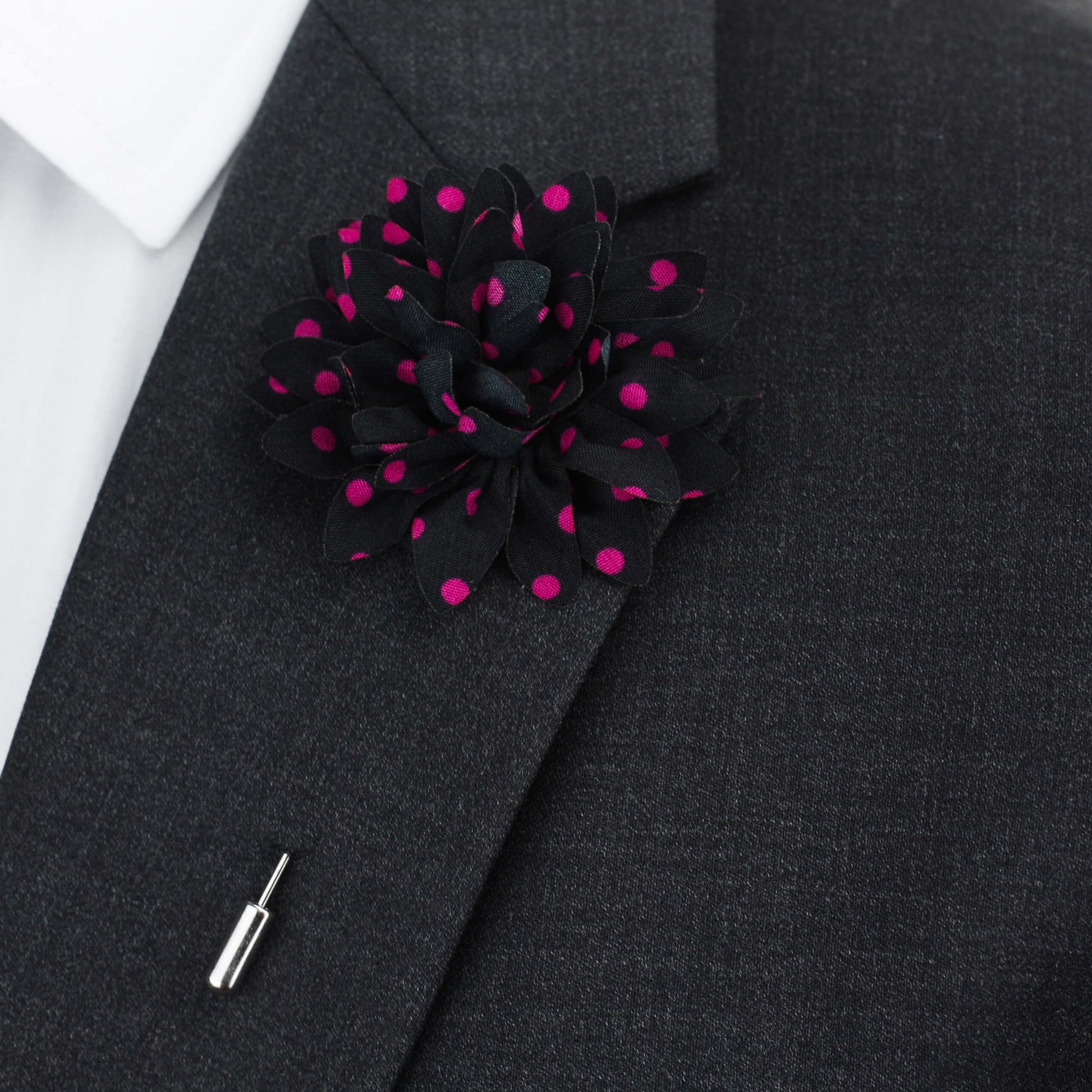 black polka dot lapel pin flower