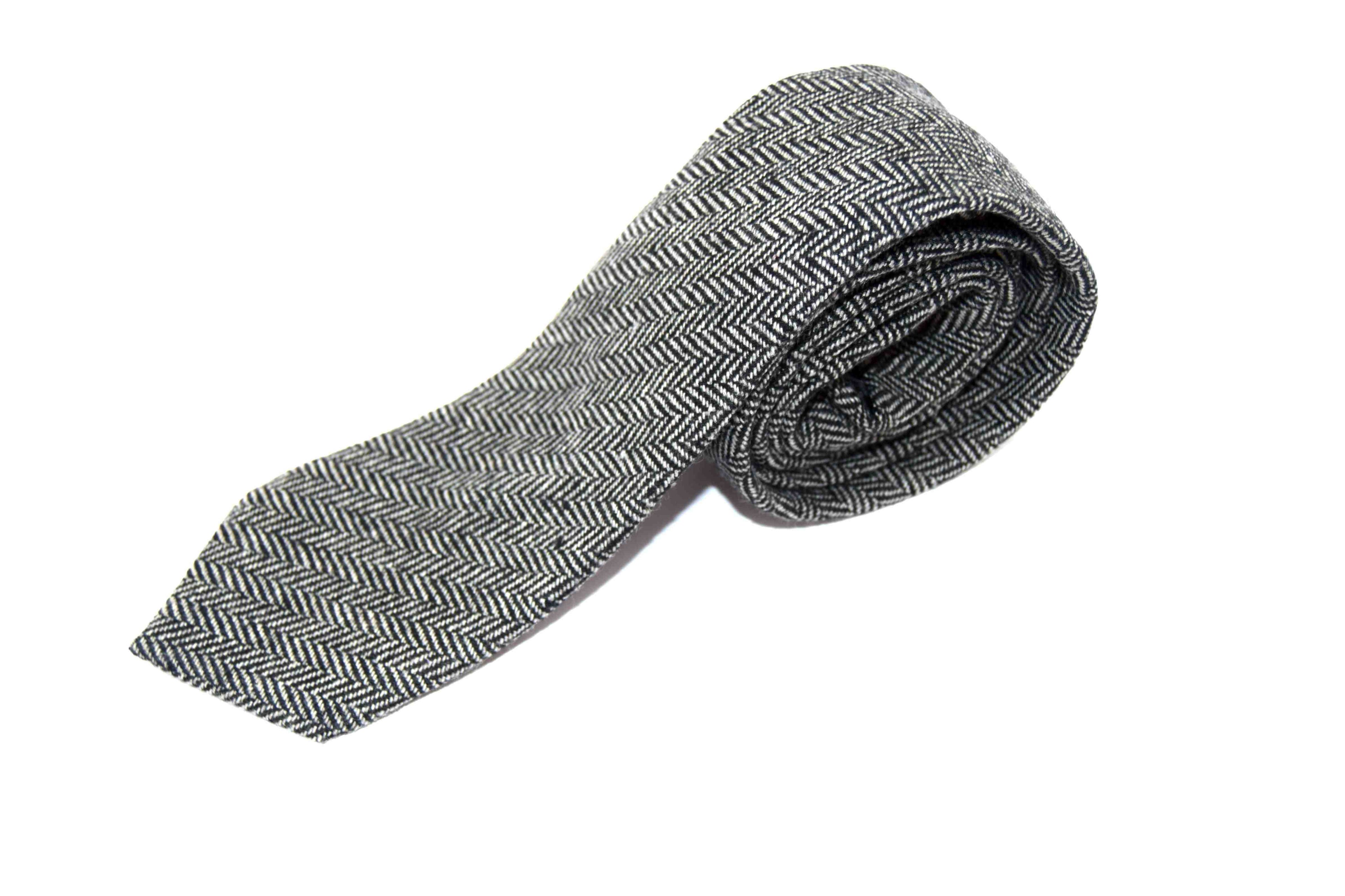 Grey herringbone tie, grey wool tie with herringbone pattern