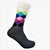 grey socks with white, blue and pink diamond pattern