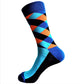 blue and orange socks for men, bold socks with interweaving stripe patterns