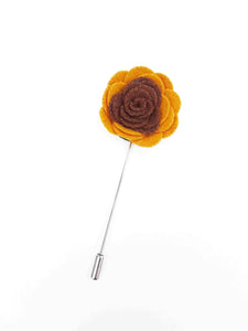 mustard yellow button hole, brown and yellow lapel pin flower, rose lapel pin, men's brooch flower